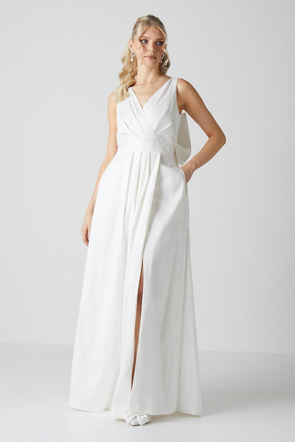 Wrap Front Full Skirted Wedding Dress With Taffeta Bow