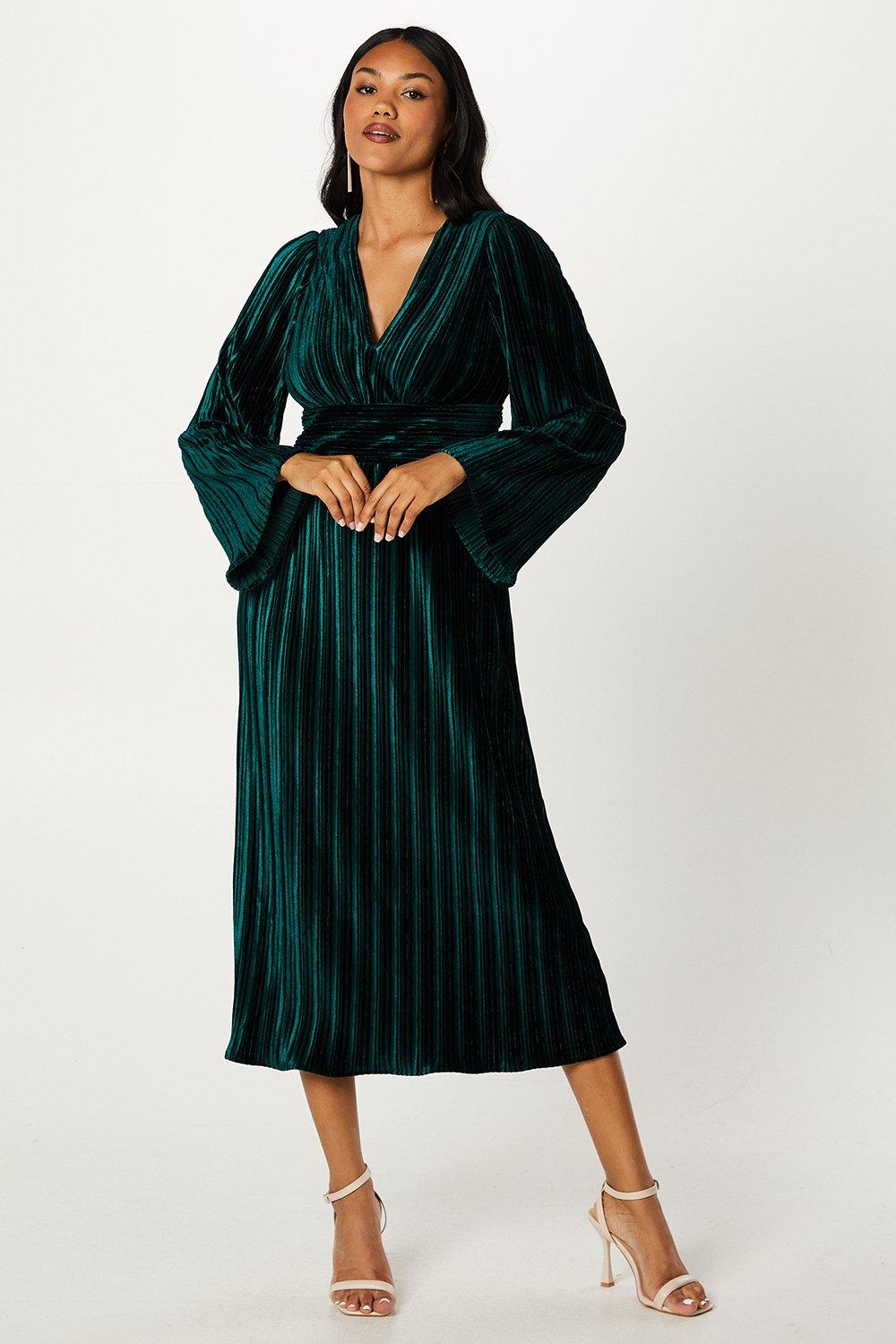 Pleated Velvet Long Sleeve Pencil Dress