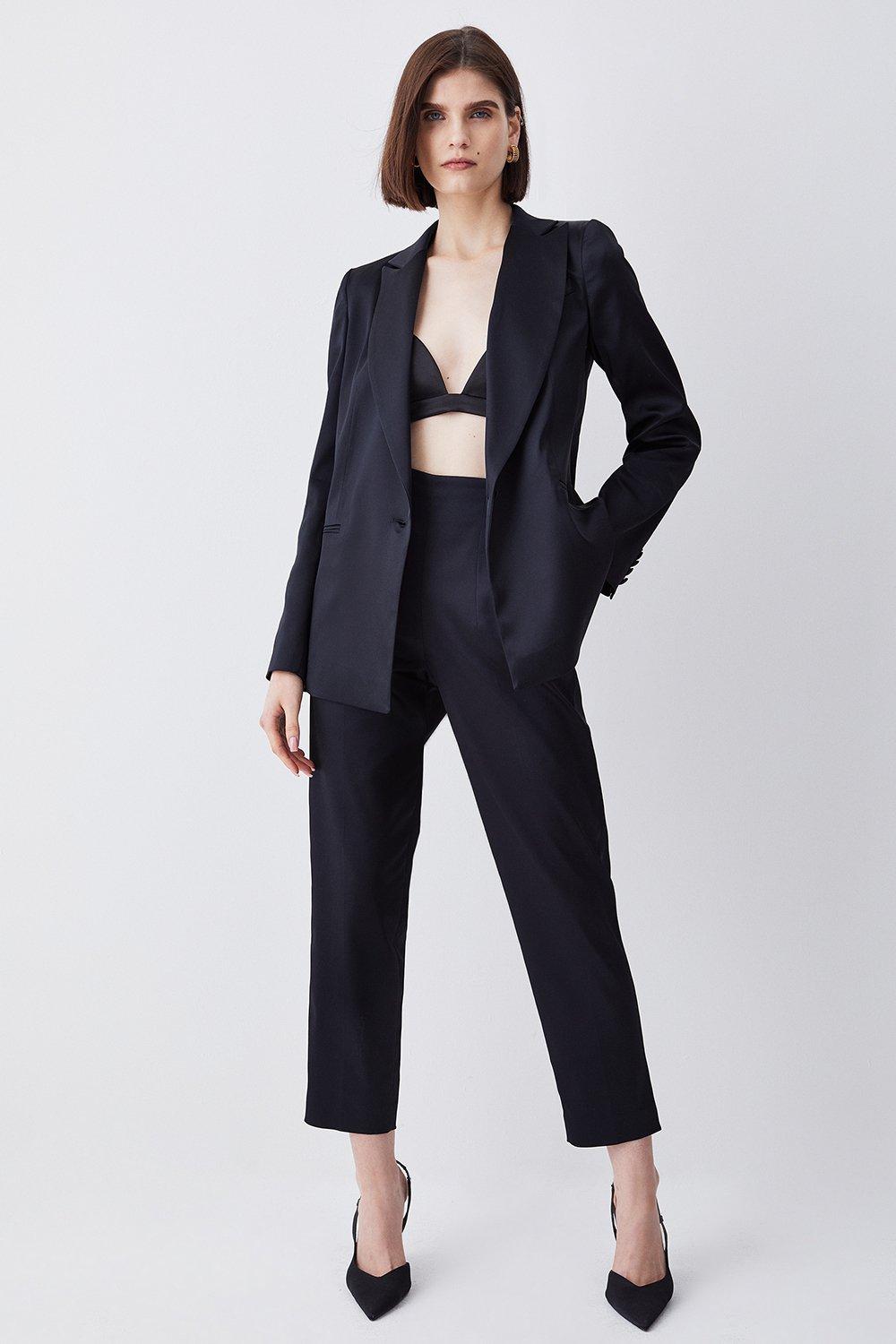 Black Italian Structured Satin Tailored High Waisted Trousers