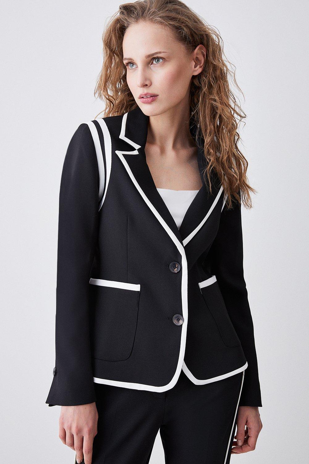 Black Compact Stretch Tipped Detail Single Breasted  Blazer