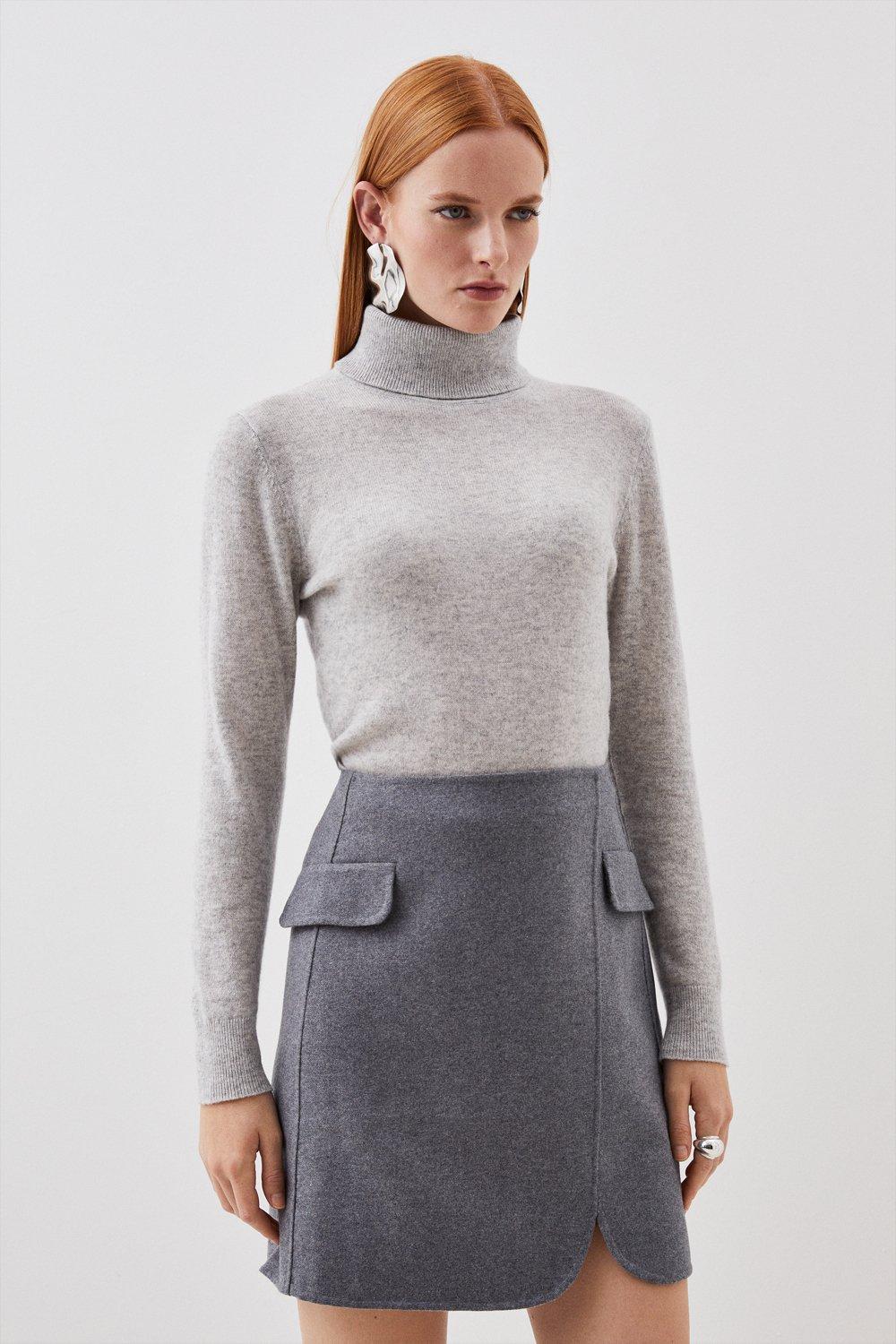 Grey Tailored Double Faced Wool Blend Pocket Detail Mini Wrap Skirt 