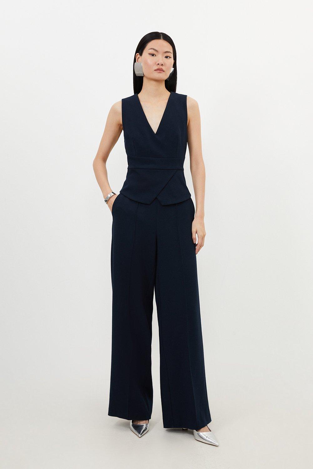 Navy Compact Stretch Essential Tailored High Waist Wide Leg Trousers