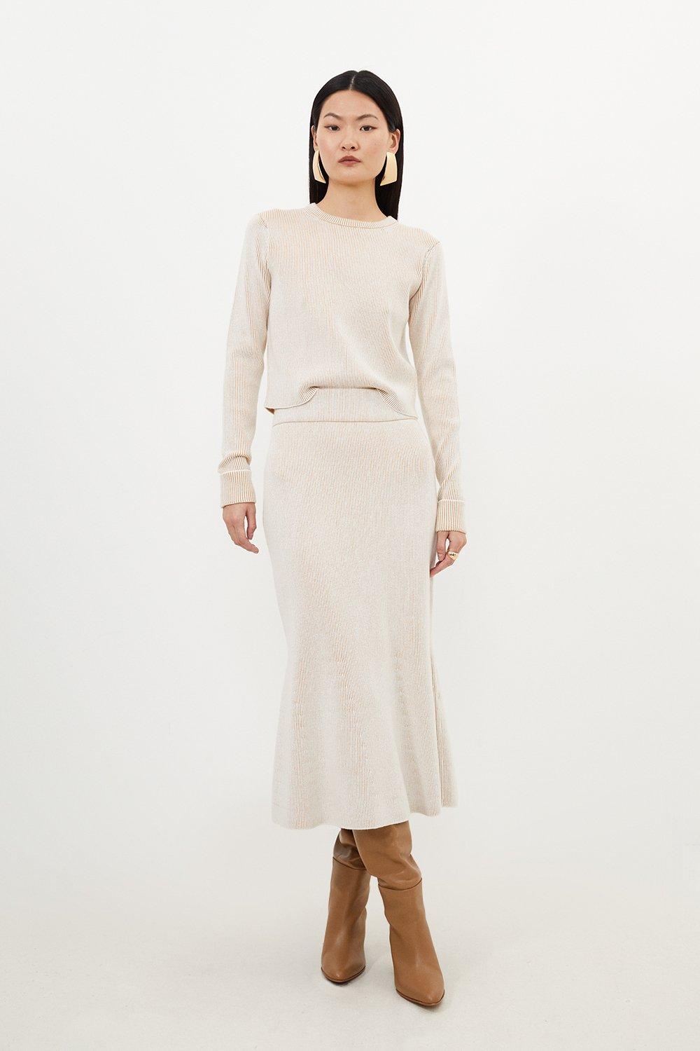 Neutral Viscose Blend Plaited Rib Knit Midi Skirt