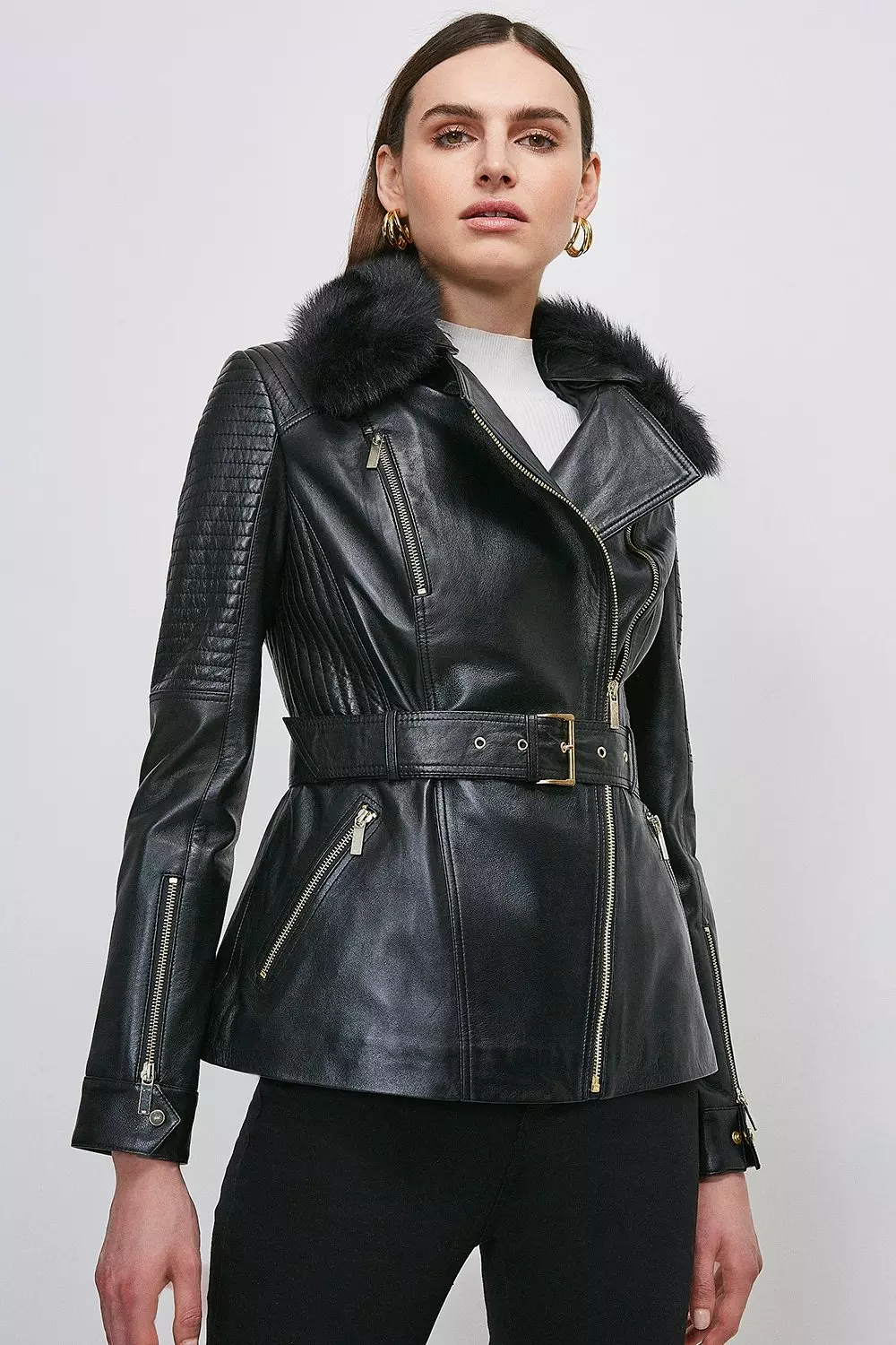 Leather And Shearling Collar Biker Jacket Karen Millen