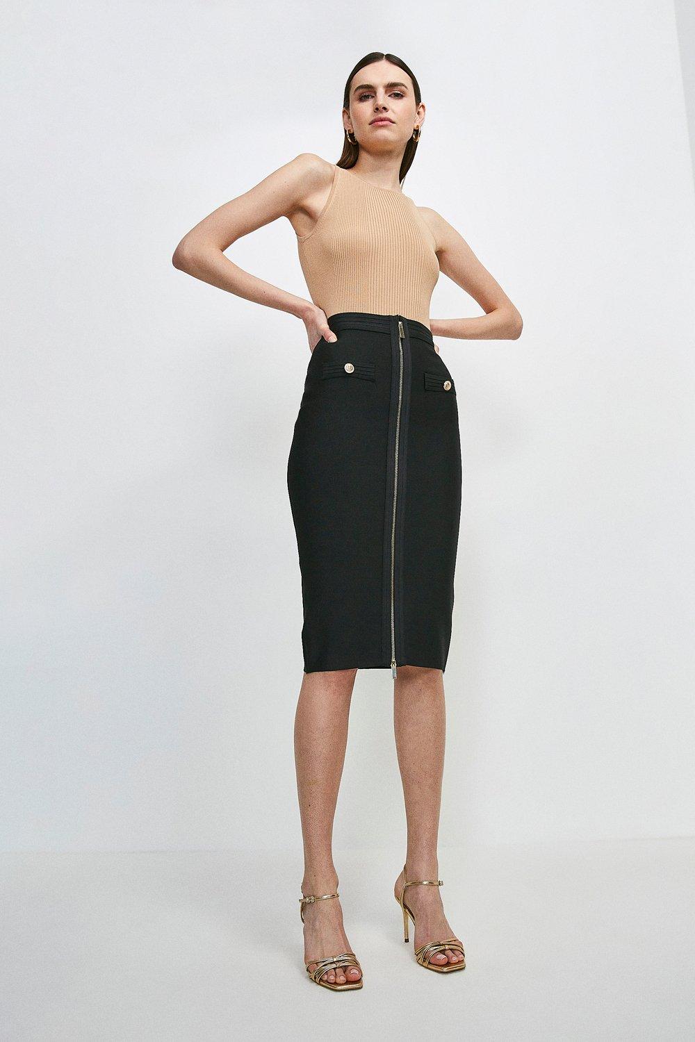 Black Military Bandage Knitted Pencil Midi Skirt