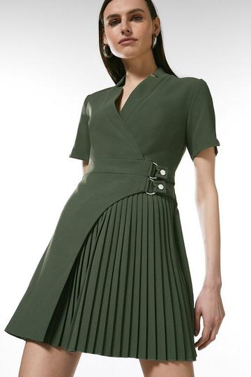 Tailored Military Pleat Notch Neck Wrap Mini Dress khaki