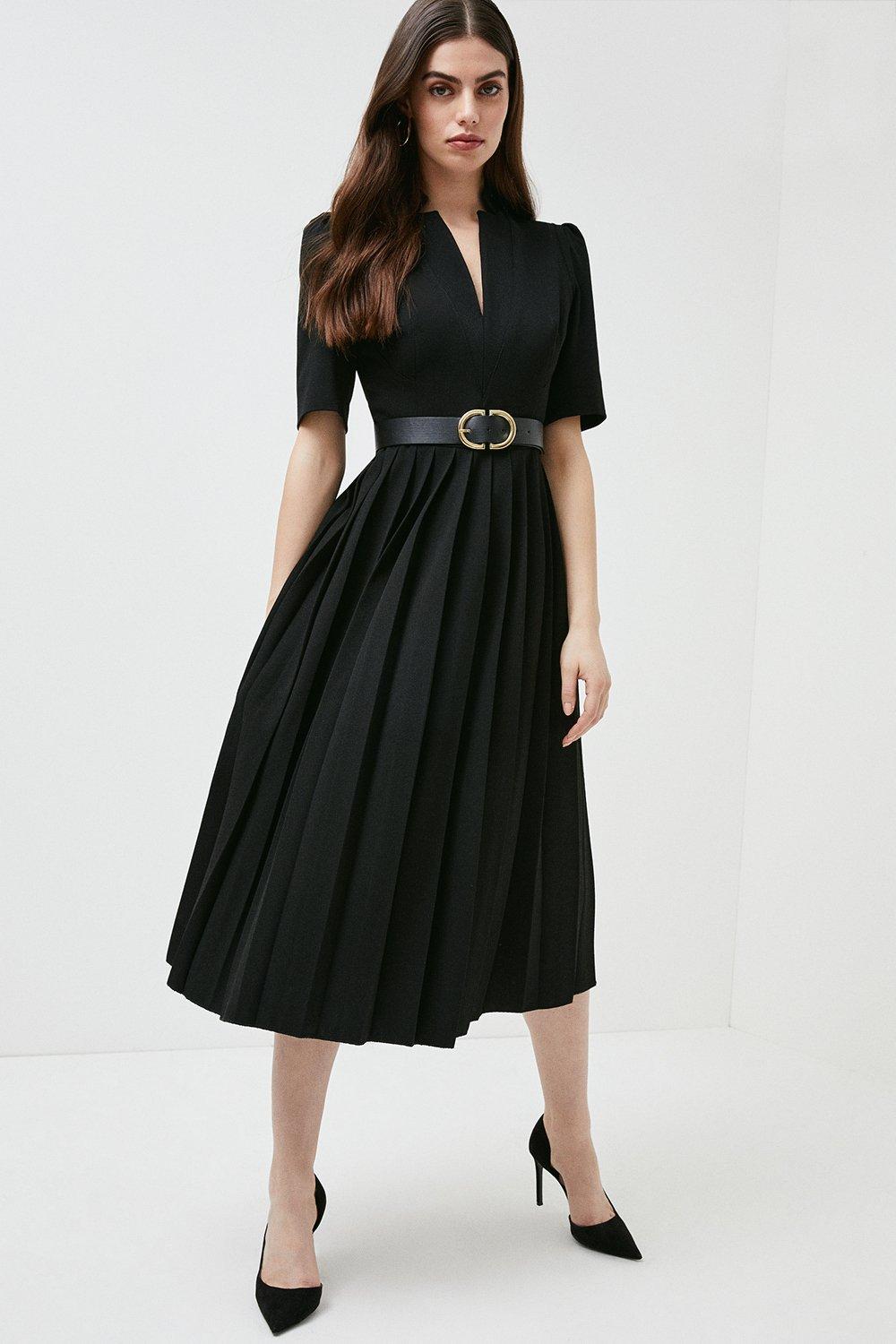 Structured Crepe Forever Pleat Belted Midi Dress Karen Millen