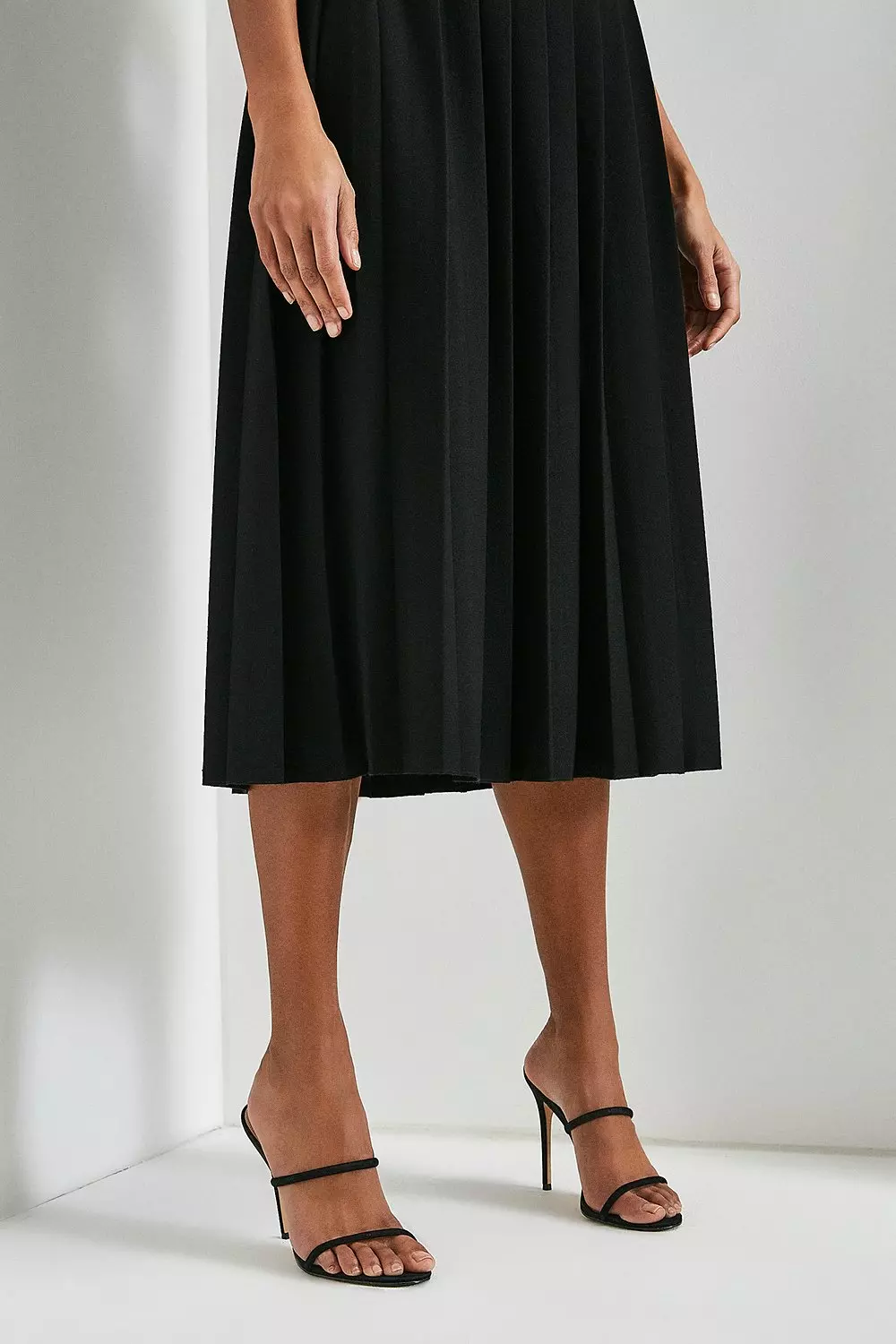 Structured Crepe Forever Pleat Belted Midi Dress | Karen Millen
