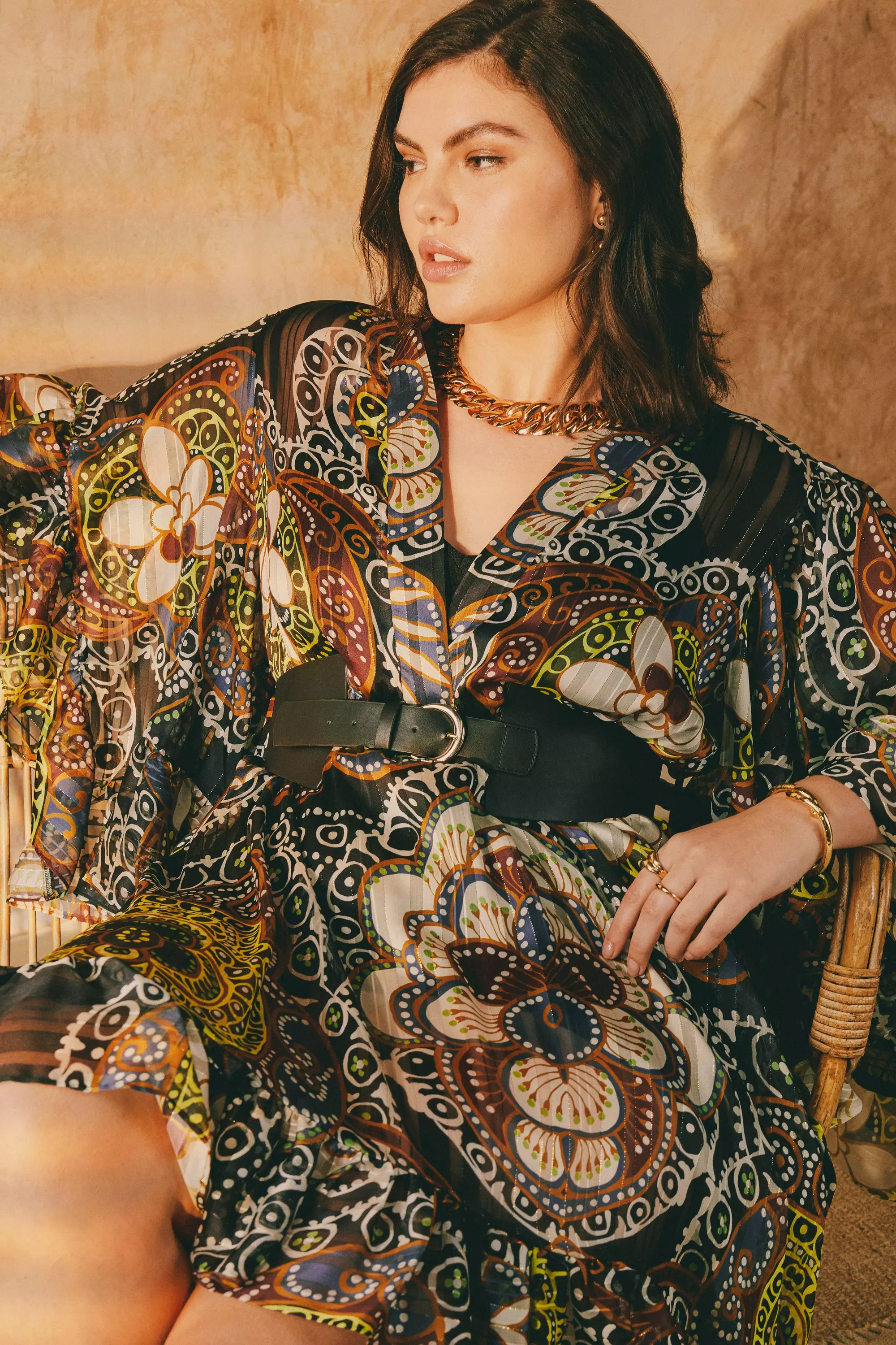 Curve Batik Drama Sleeve Belted Maxi Dress | Karen Millen