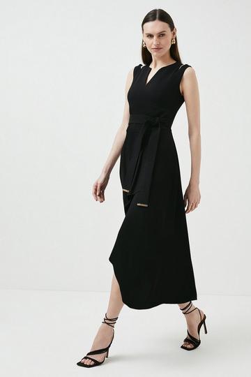 Black Compact Stretch Viscose Tailored Waterfall Midaxi Dress