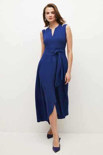 Blue Compact Stretch Viscose Tailored Waterfall Midaxi Dress