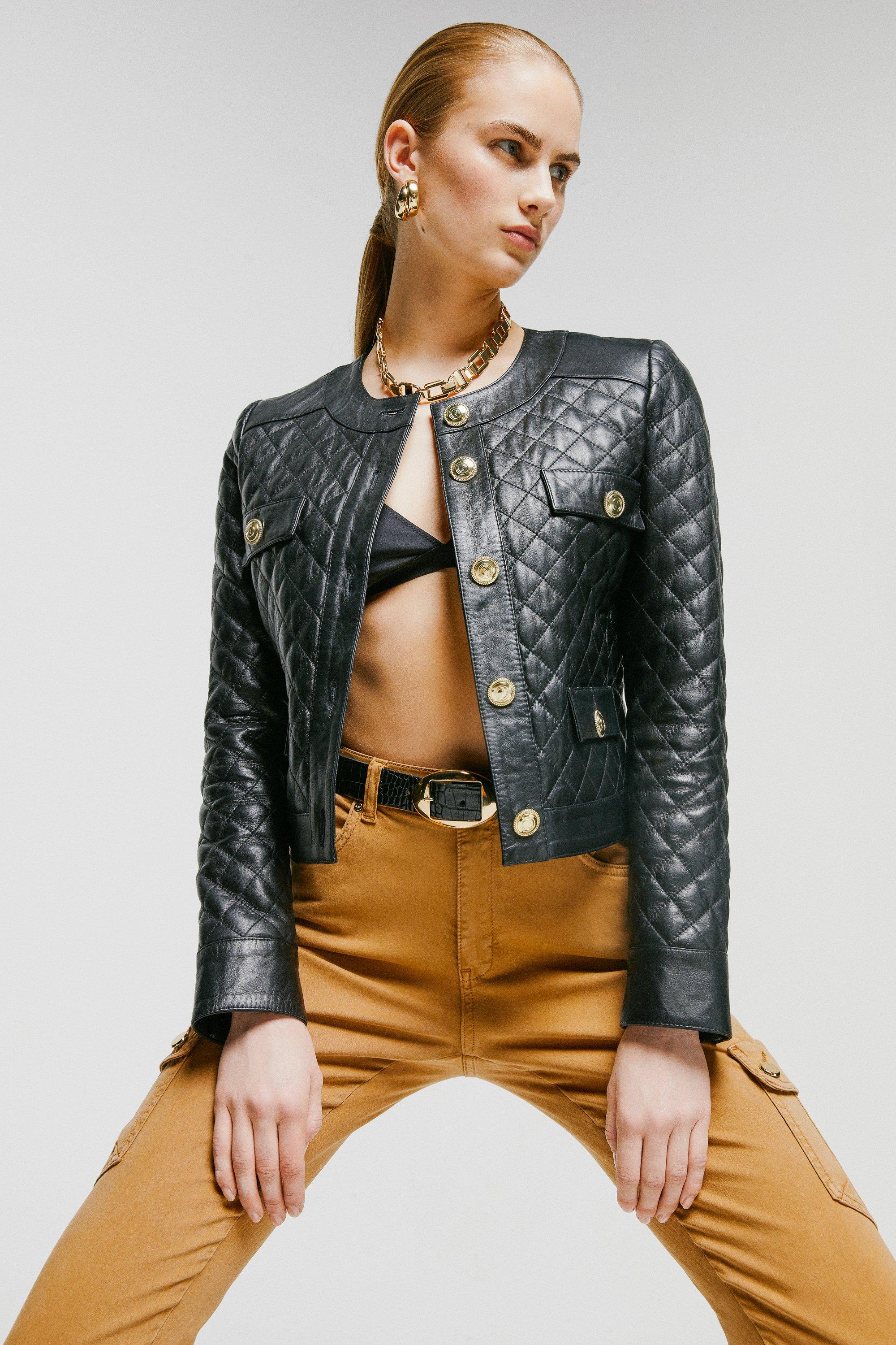 Leather Quilted Trophy Jacket Karen Millen