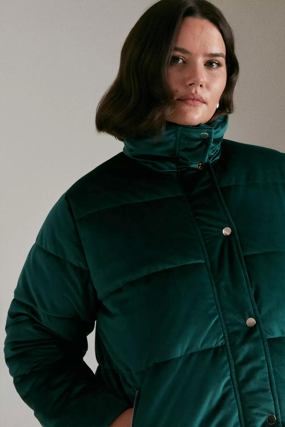 Teal Plus Size  Velvet Popper Front Puffer Coat alternative image