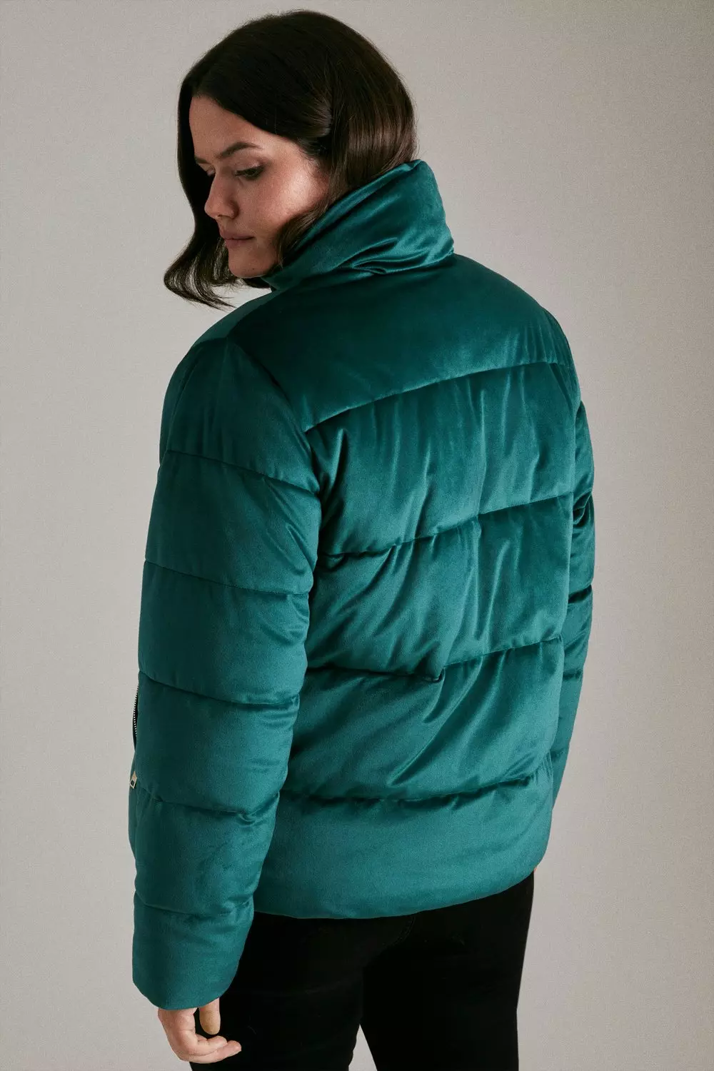 Teal Plus Size  Velvet Popper Front Puffer Coat alternative image