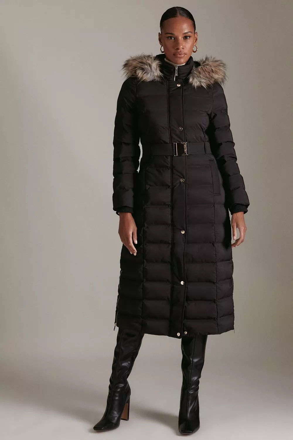 Belted Padded Faux Fur Maxi Hooded Coat Karen Millen