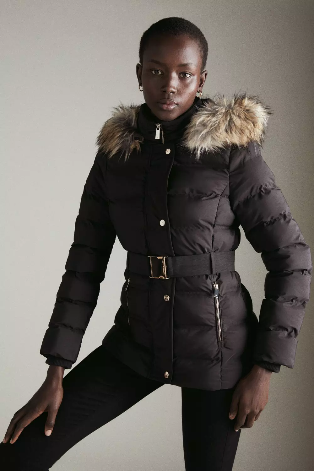 Black luxe belted padded coat best sale