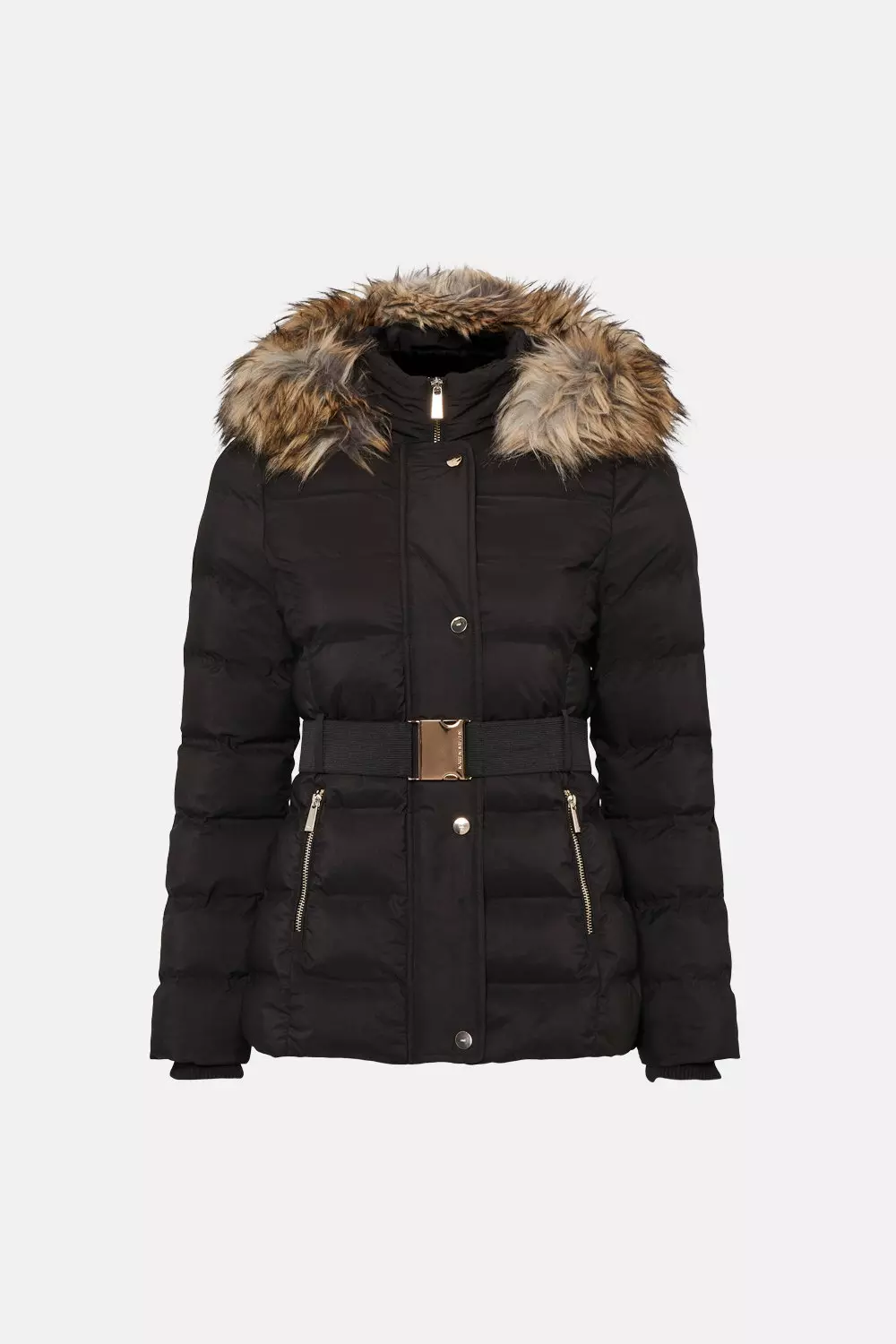 Belted Padded Faux Fur Short Hooded Coat Karen Millen