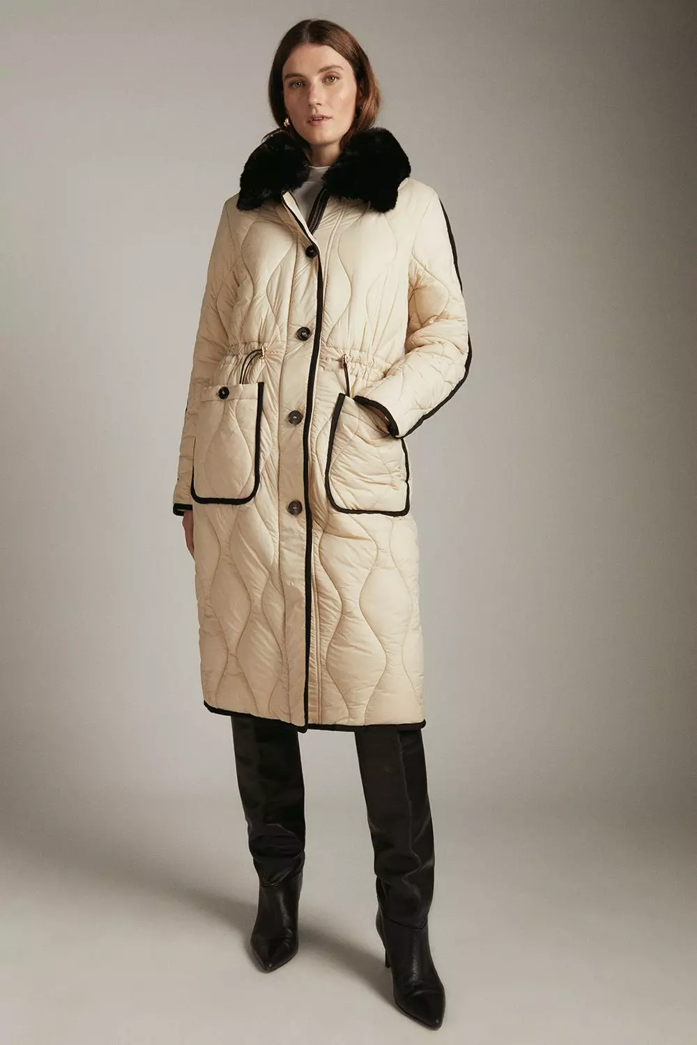 Long Faux Fur Collared Quilted Coat Karen Millen