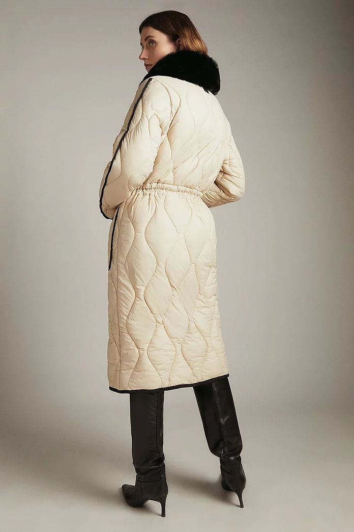 Long Faux Fur Collared Quilted Coat | Karen Millen Long Faux Fur Collared Quilted Coat | Karen Millen