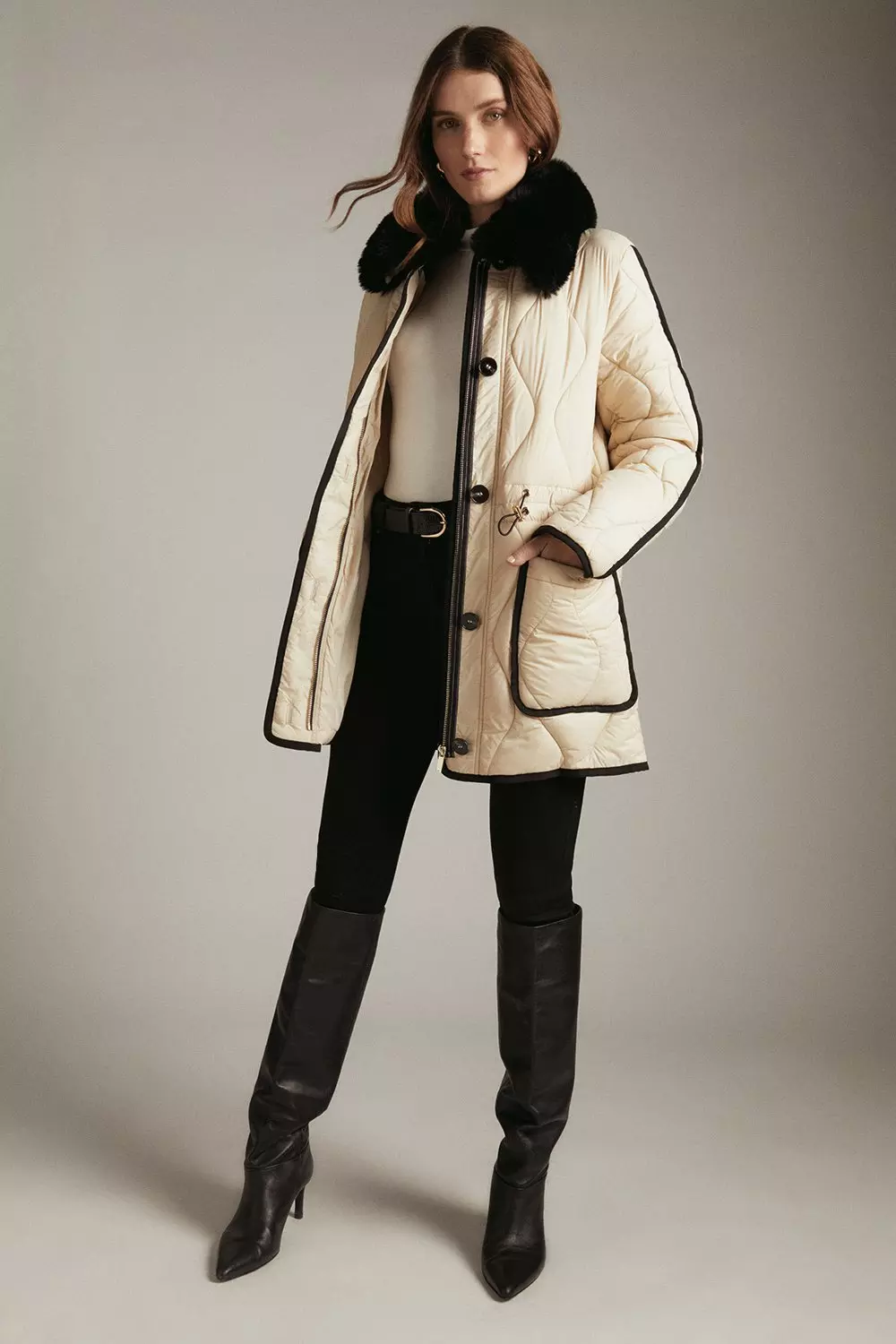 Short Faux Fur Collared Quilted Coat Karen Millen