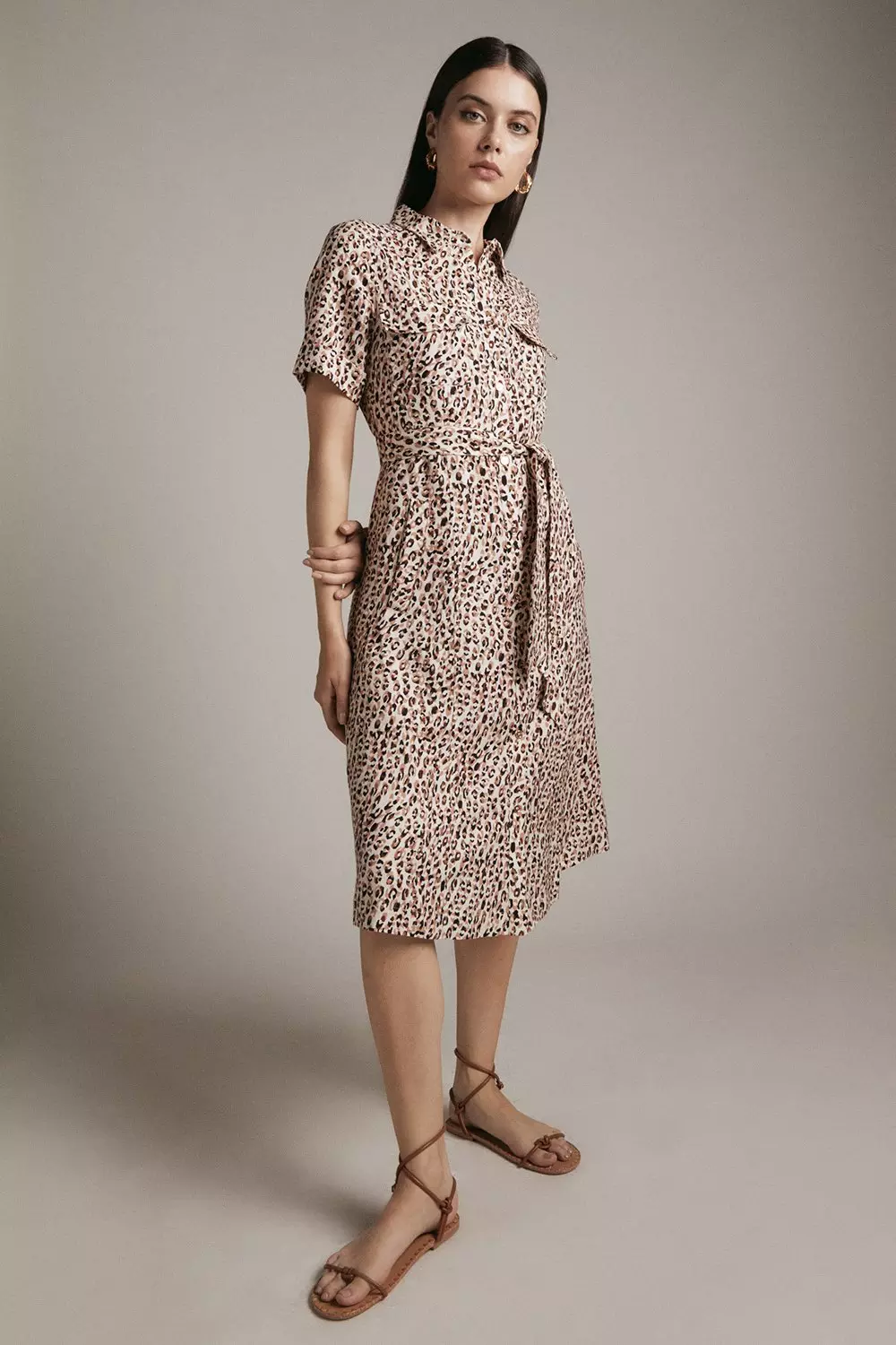 Animal Print Linen Viscose Woven Midi Shirt Dress Karen Millen