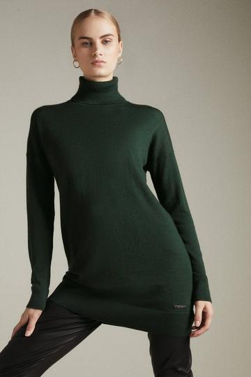 Merino Wool Turtleneck Longline Sweater dark green