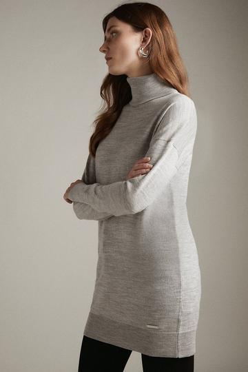 Grey Merino Wool Turtleneck Longline Sweater