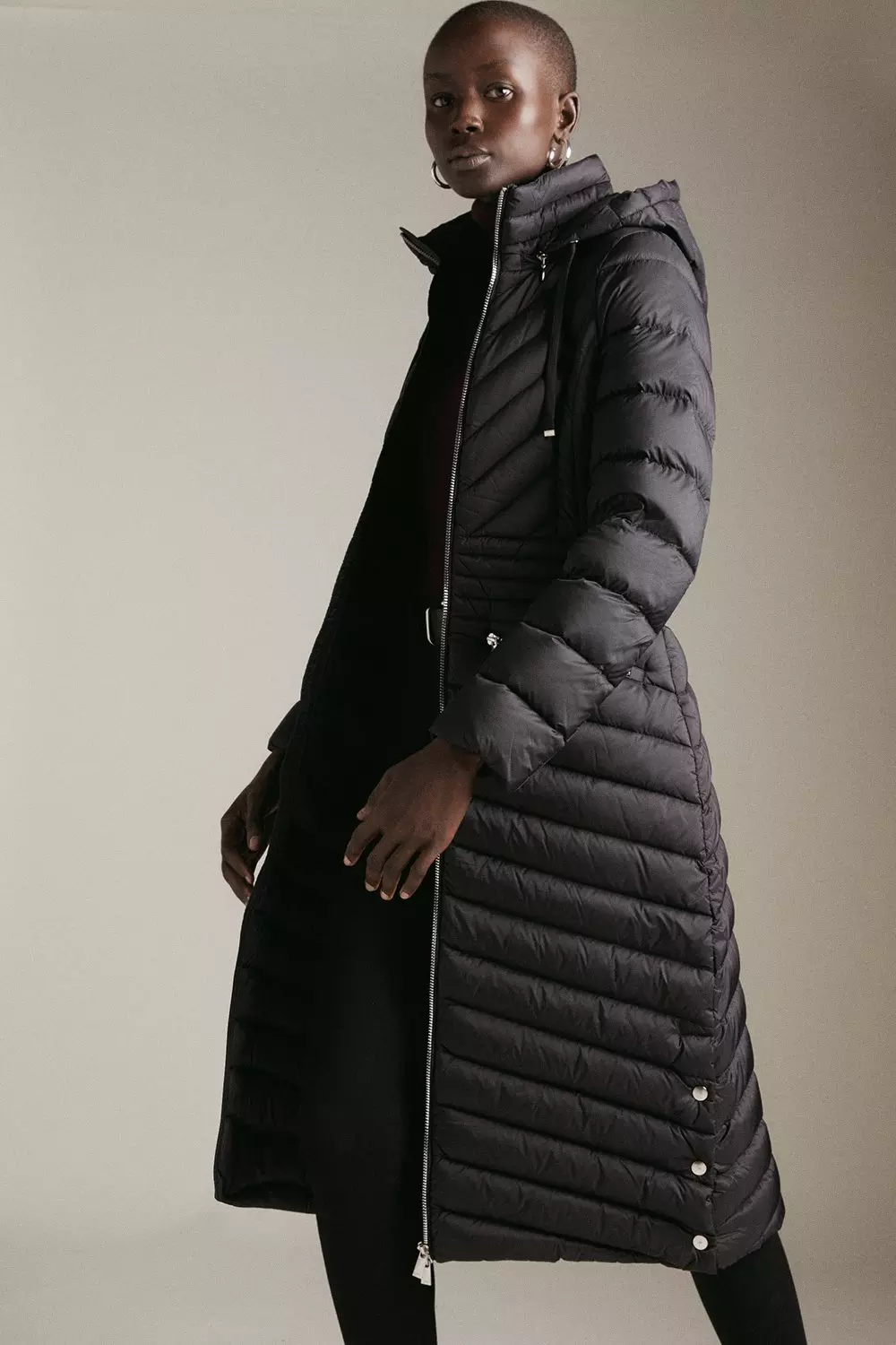 Black Down Filled Packable Long Hooded Coat alternative image