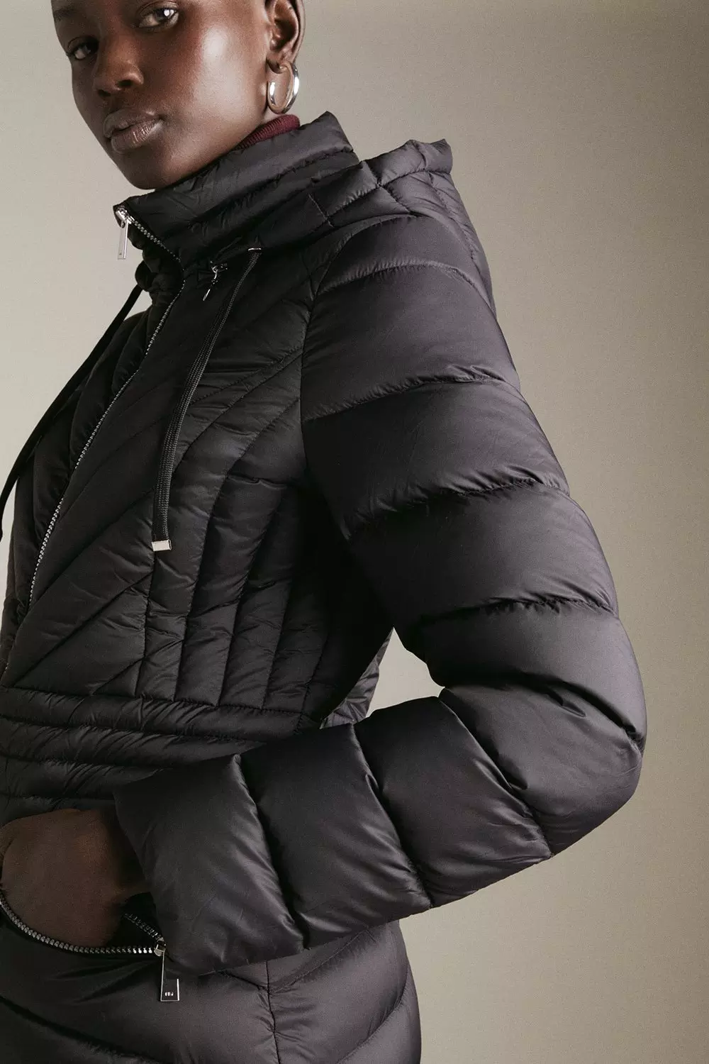 Black Down Filled Packable Long Hooded Coat alternative image