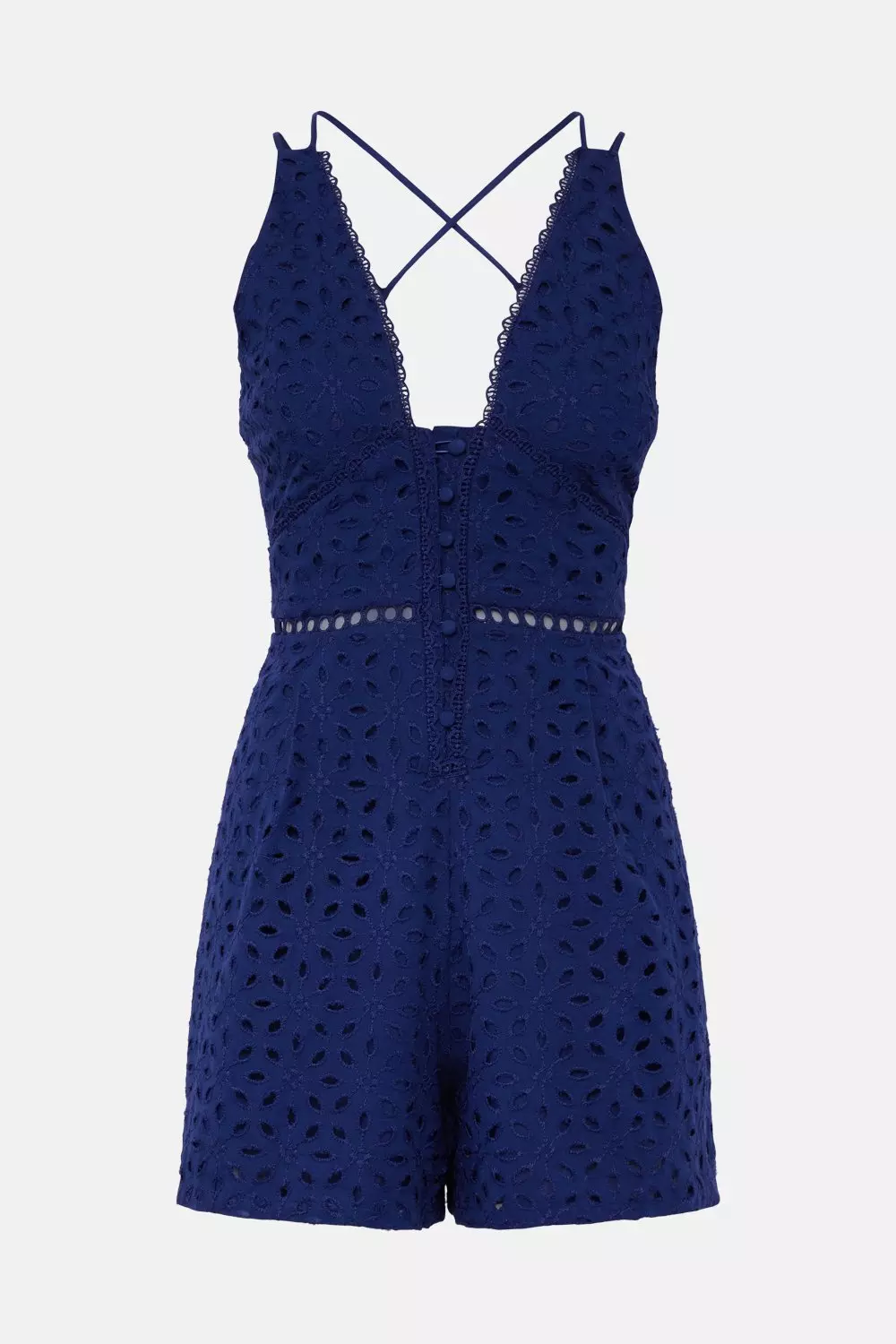 Cotton Broderie Button Strappy Playsuit | Karen Millen
