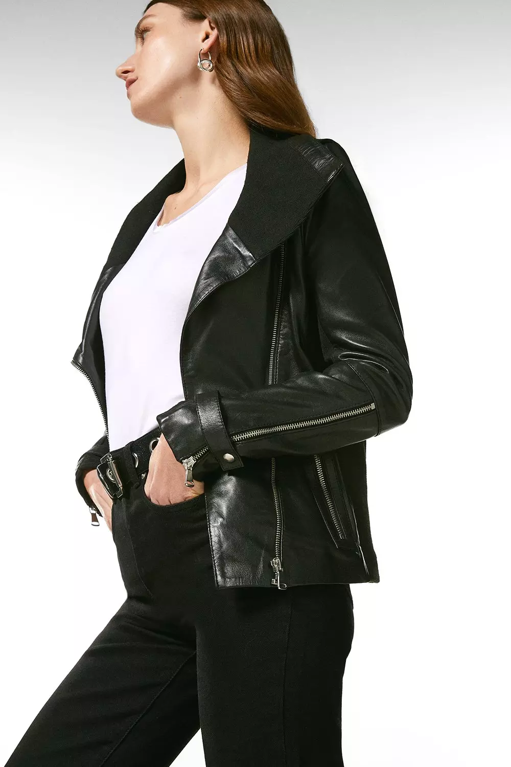 Leather And Knit Envelope Neck Moto Jacket | Karen Millen