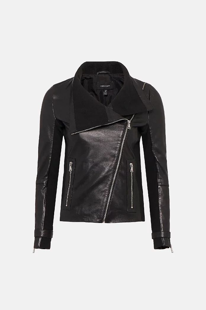 Leather And Knit Envelope Neck Moto Jacket | Karen Millen Leather And Knit Envelope Neck Moto Jacket | Karen Millen