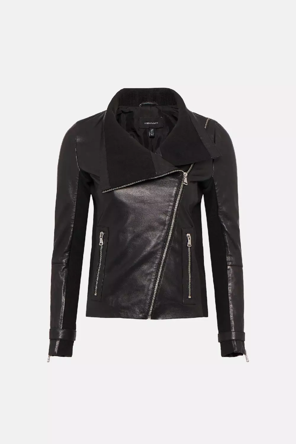 Leather And Knit Envelope Neck Moto Jacket | Karen Millen