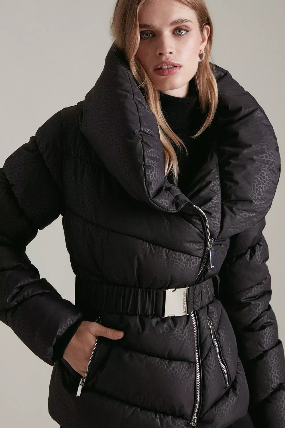 Animal Cosy Collar Short Belted Puffer Coat Karen Millen