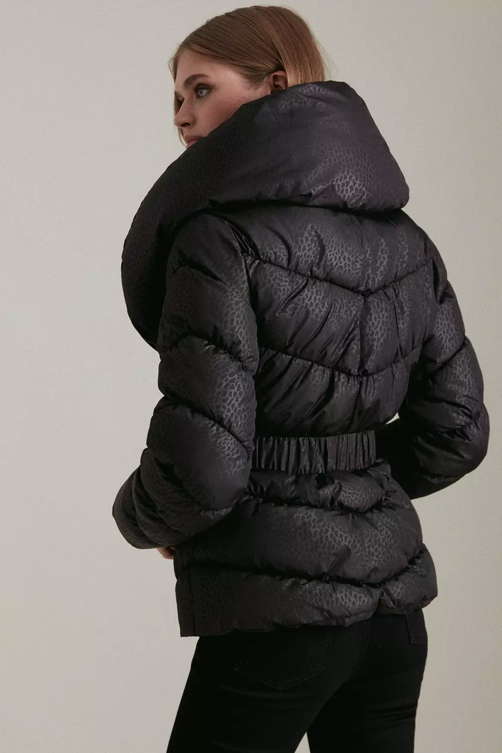 Animal Cosy Collar Short Belted Puffer Coat Karen Millen