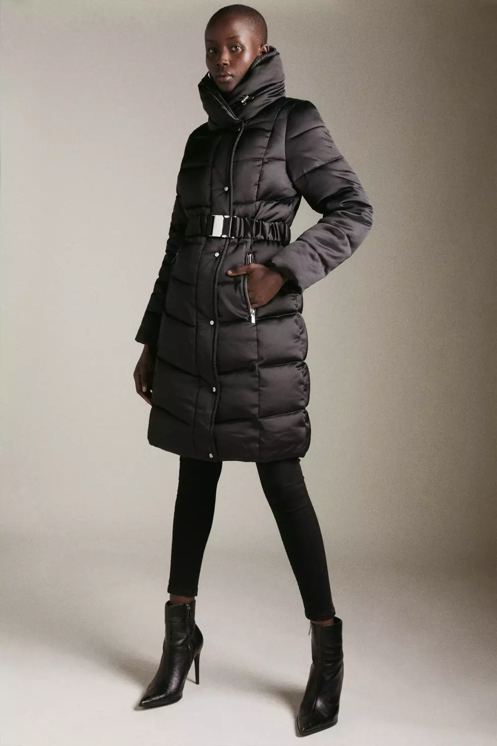 Black Satin Belted Puffer Coat alternative image
