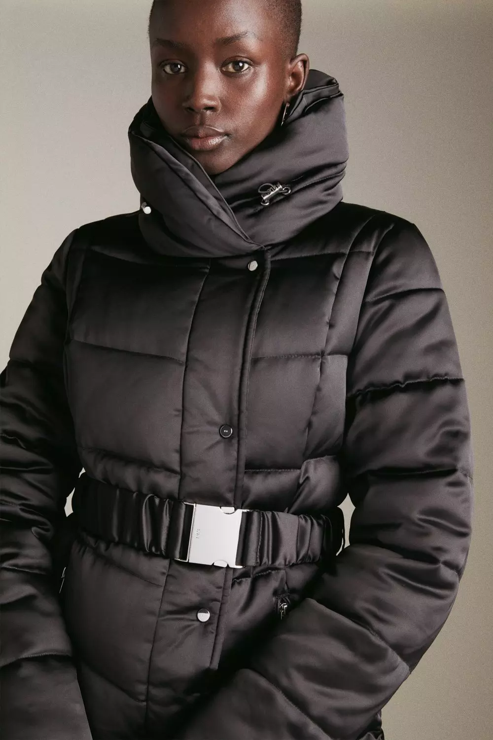 Black Satin Belted Puffer Coat alternative image