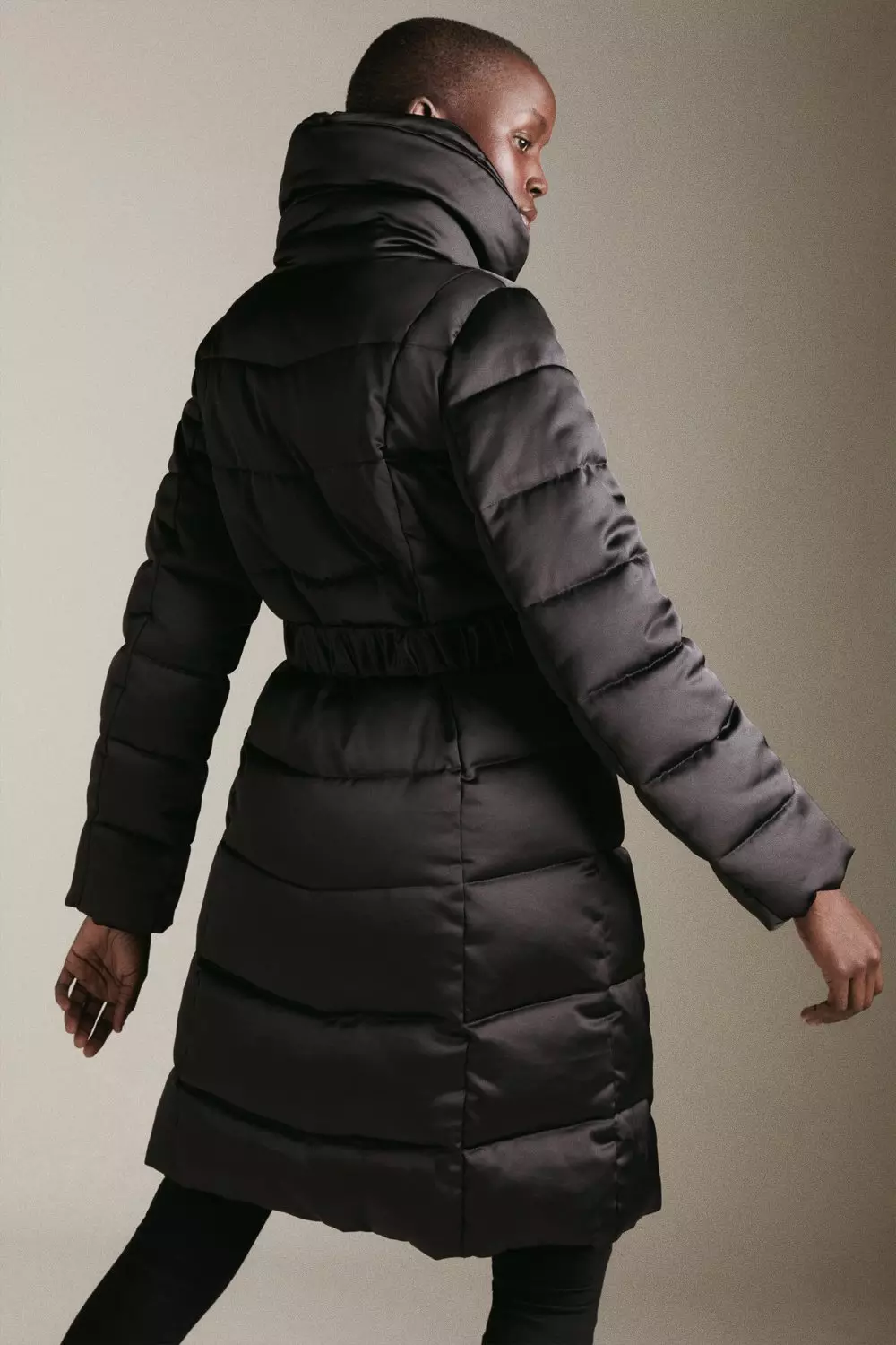 Black Satin Belted Puffer Coat alternative image