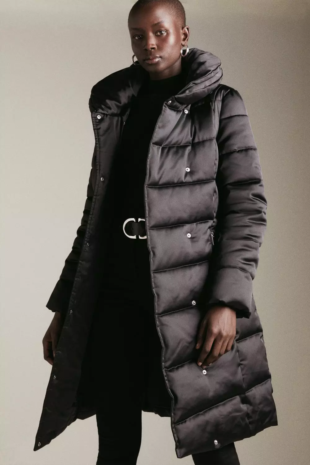 Black Satin Belted Puffer Coat alternative image