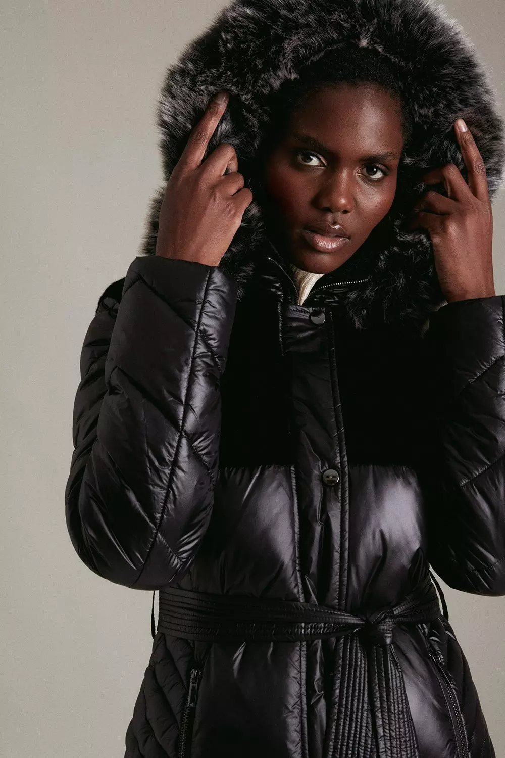 Black faux fur trim high shine puffer jacket best sale