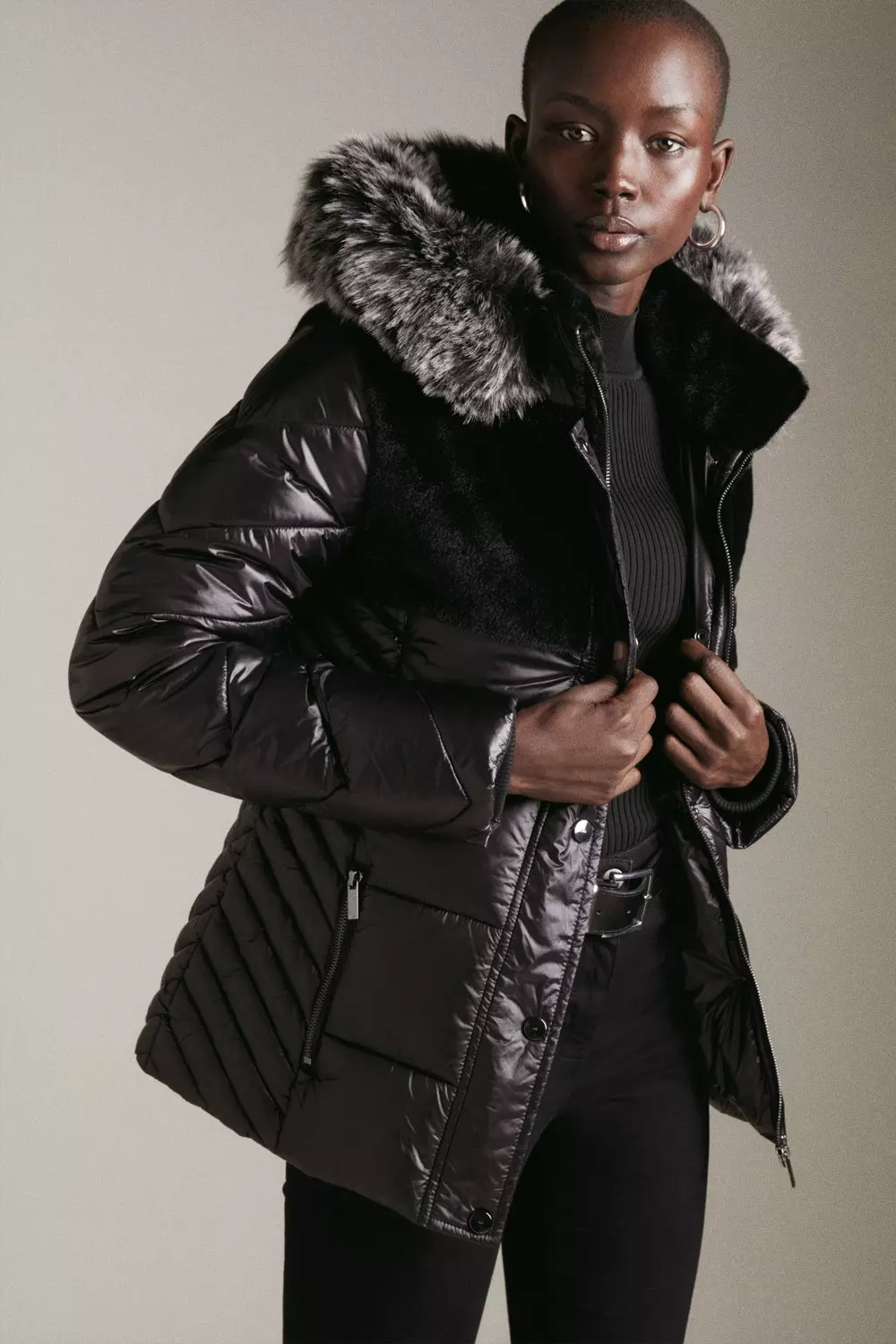 Black high shine coat with faux fur hood online