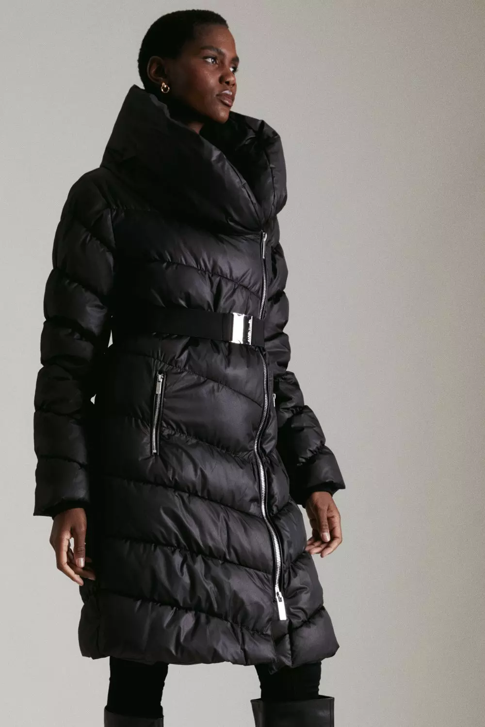 Belted black puffer jacket online