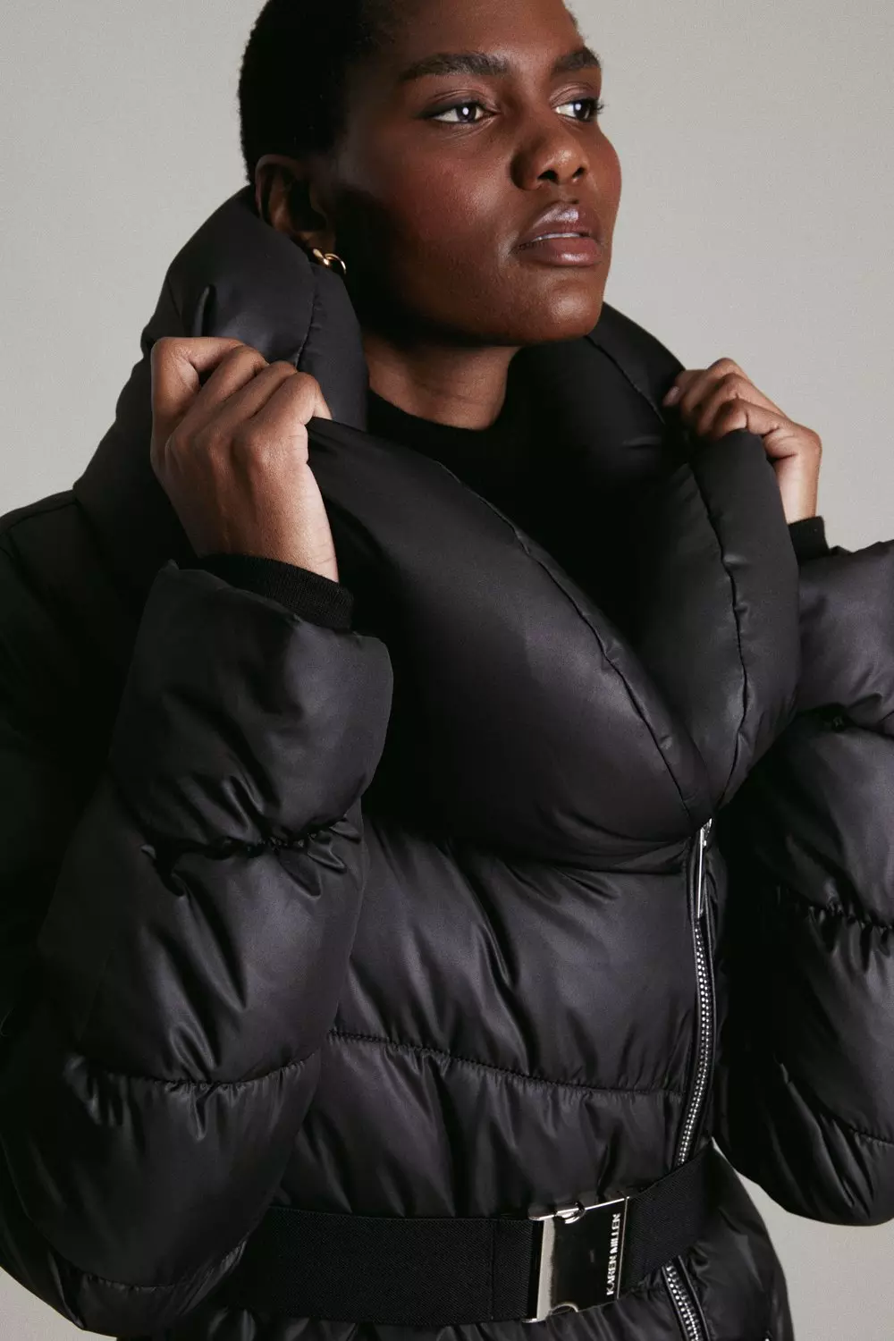 Belted puffer jacket black on sale