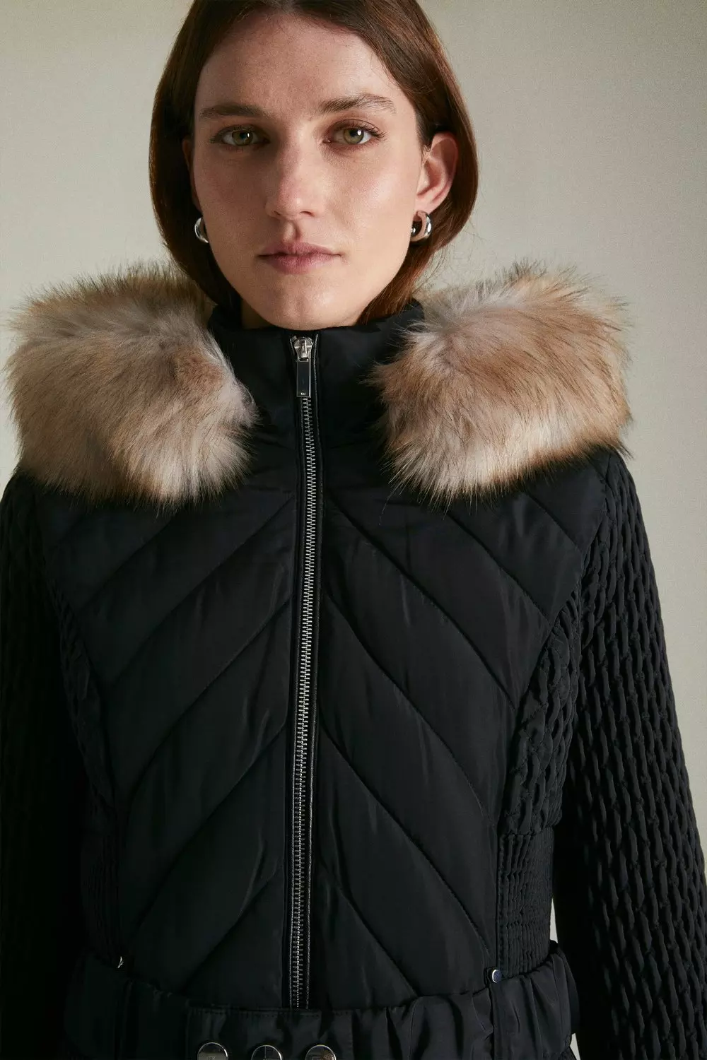 Karen millen padded coat with fur trim best sale