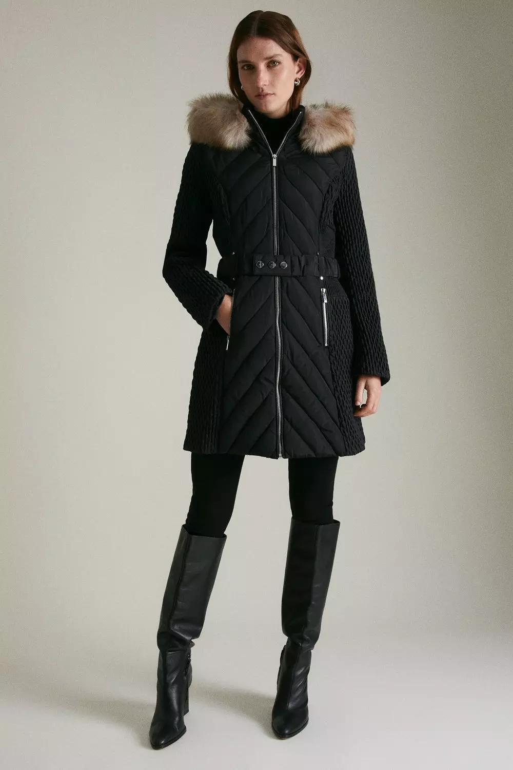 Foreland quilt mix coat with detachable faux fur trim deals