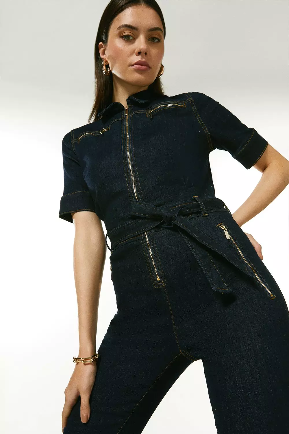 Zip Pocket Short Sleeve Denim Jumpsuit | Karen Millen