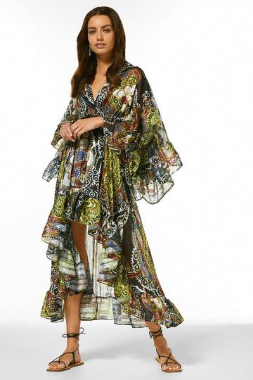 Petite Batik Drama Sleeve Woven Belted Midi black