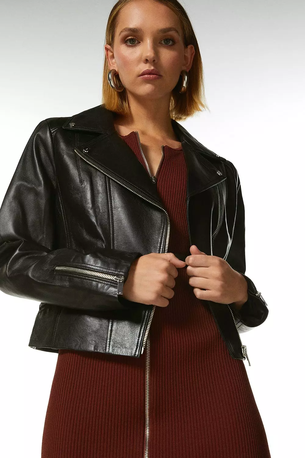 Petite Leather Signature Biker Jacket Karen Millen