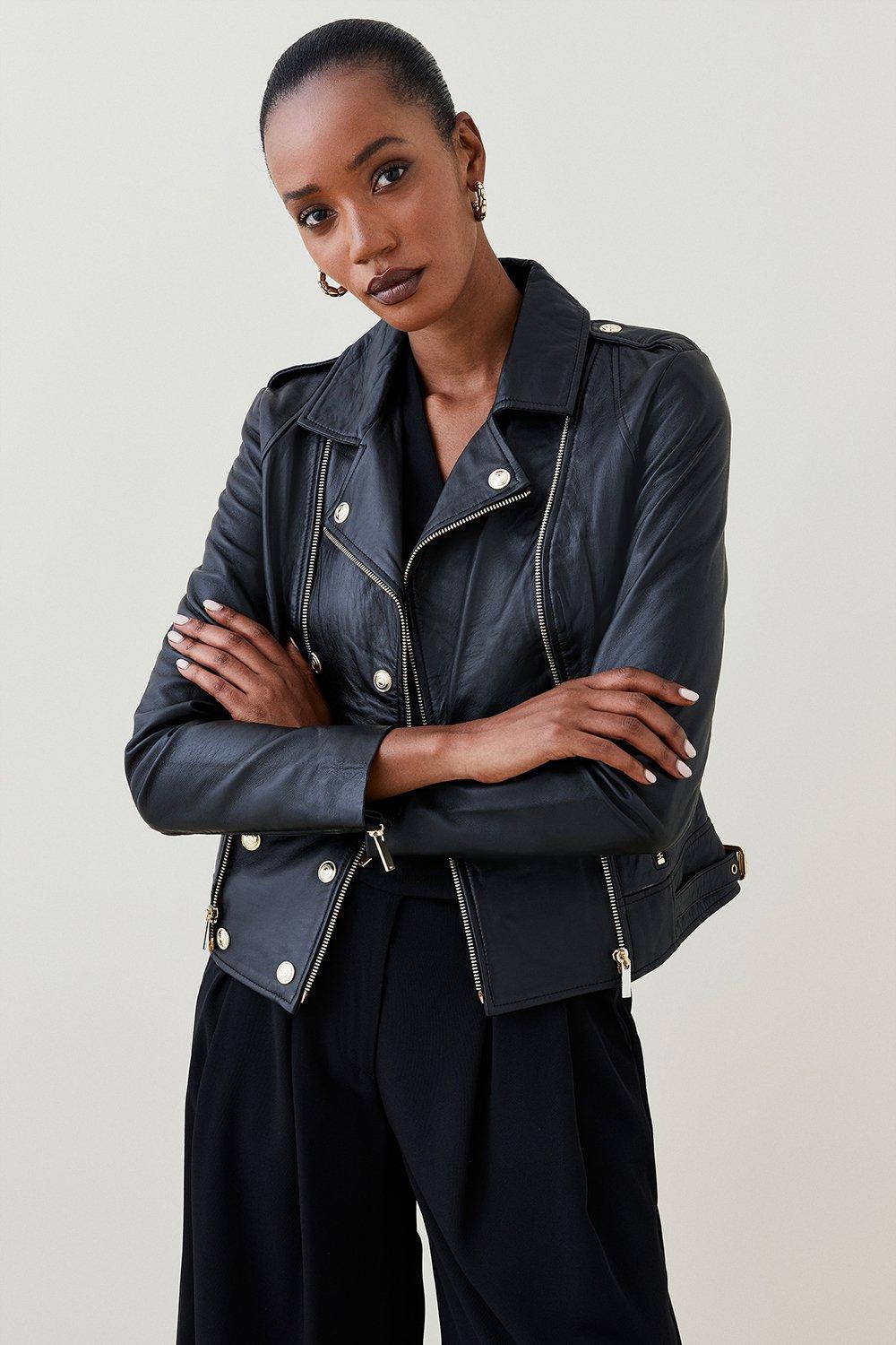 Petite Military Leather Biker | Karen Millen