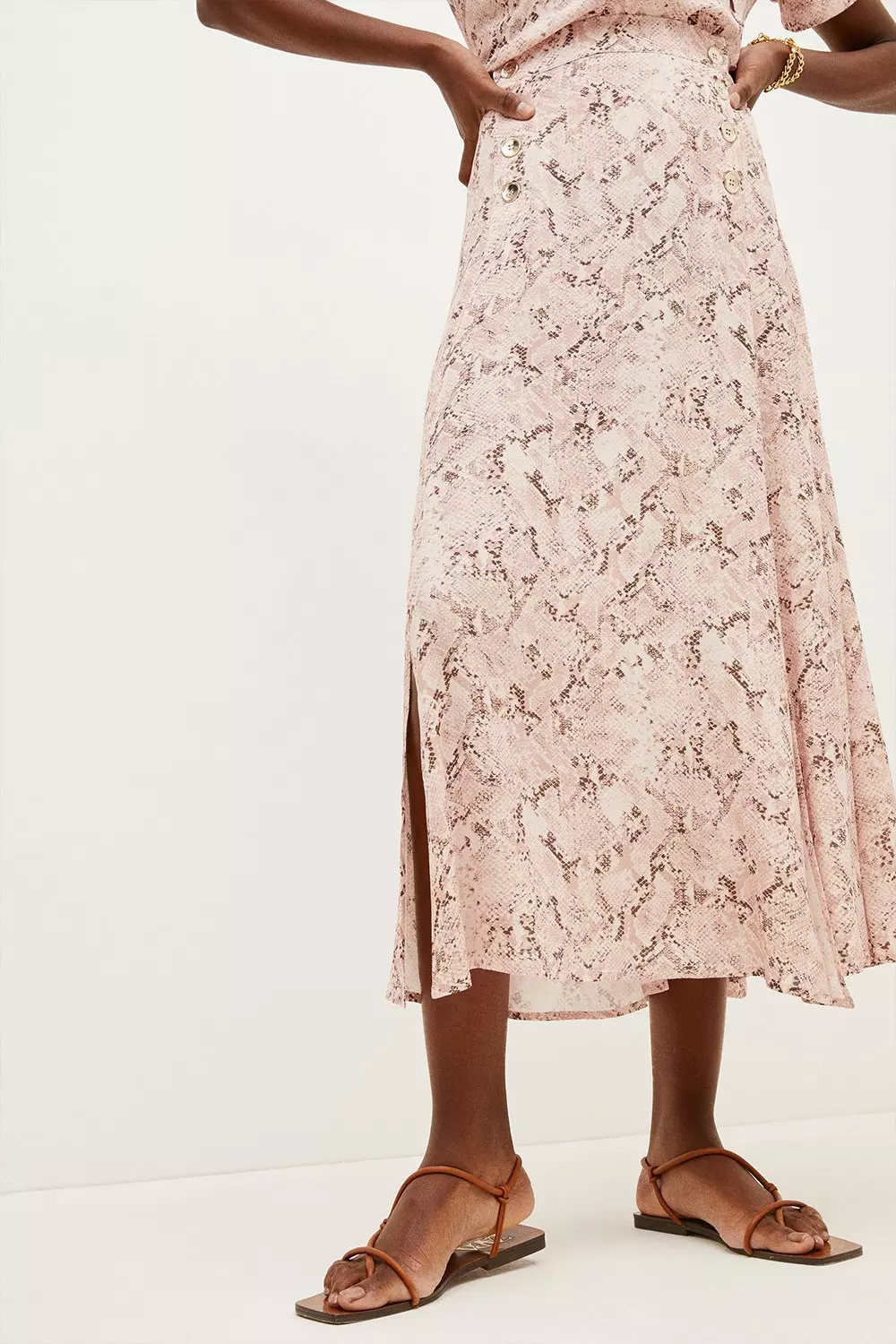 Snake Split Front Button Woven Crepe Skirt Karen Millen